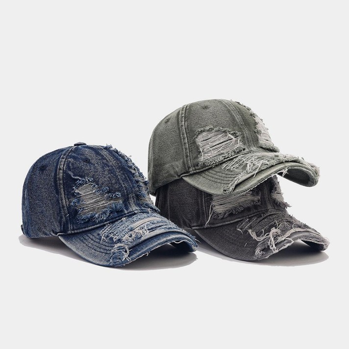 Washed and distressed denim baseball cap Washed and distressed denim baseball cap