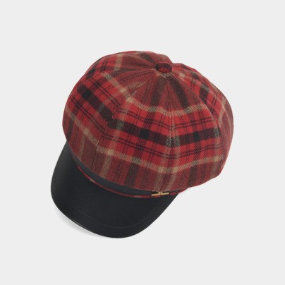 Winter checked leather brim beret
