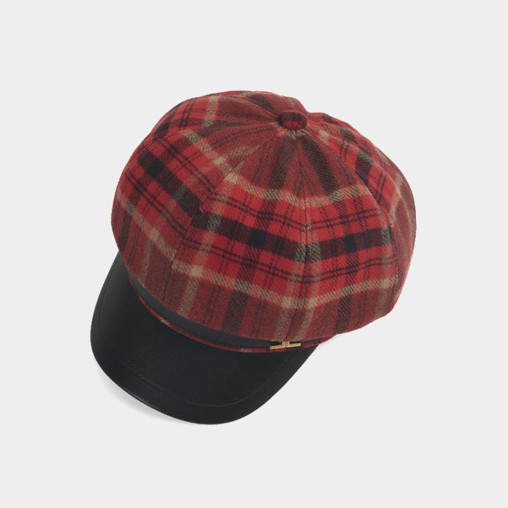 Winter checked leather brim beret