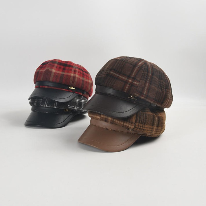Winter checked leather brim beret
