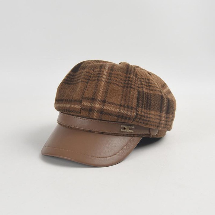 Winter checked leather brim beret