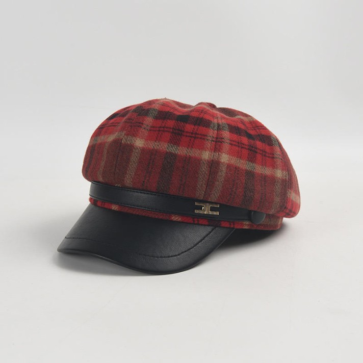 Winter checked leather brim beret