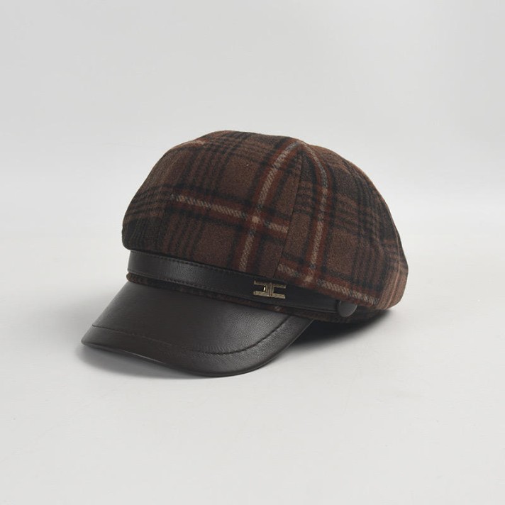 Winter checked leather brim beret
