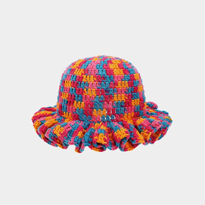 Stylish and colorful ruffled knitted bucket hat