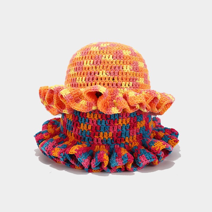 Stylish and colorful ruffled knitted bucket hat