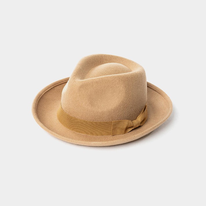 Short-brimmed wool felt hat with a ribbon bow