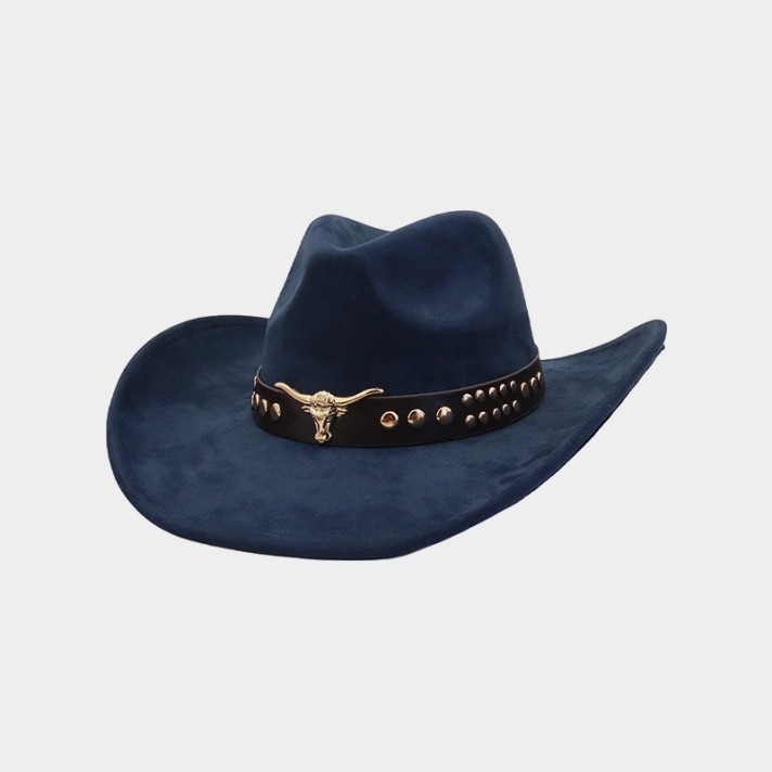 Bull-head belt buckle rolled-edge felt hat