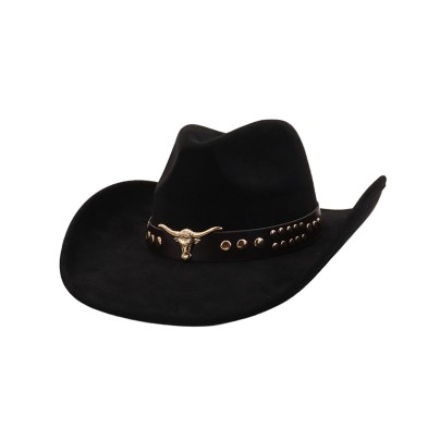 Bull-head belt buckle rolled-edge felt hat