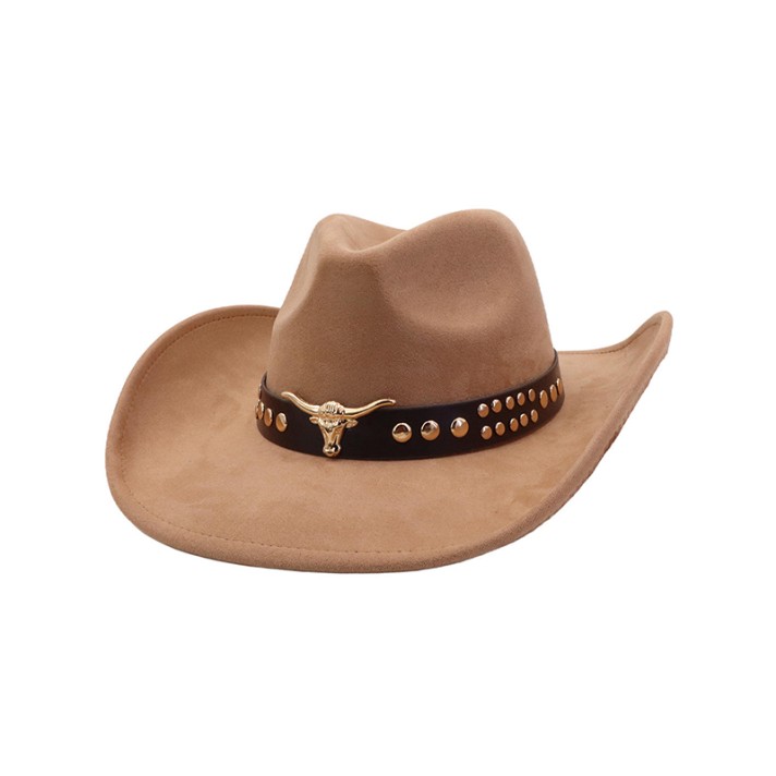 Bull-head belt buckle rolled-edge felt hat