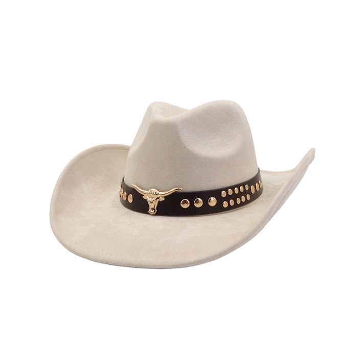Bull-head belt buckle rolled-edge felt hat