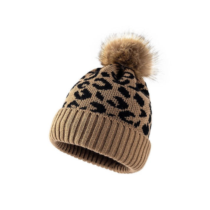 Trendy leopard print pom-pom knit hat