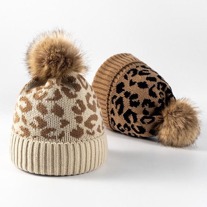 Trendy leopard print pom-pom knit hat