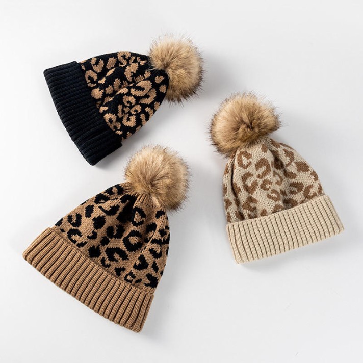Trendy leopard print pom-pom knit hat
