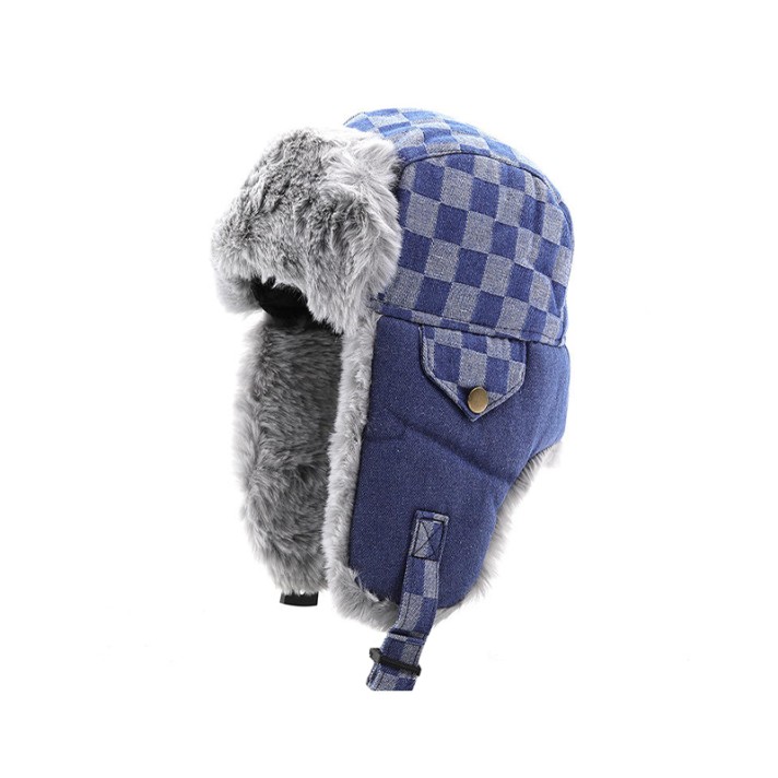 Checkered pattern thickened ear-covering fleece hat