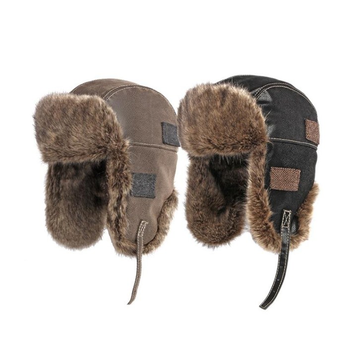 Windproof leather thickened ear flap cap