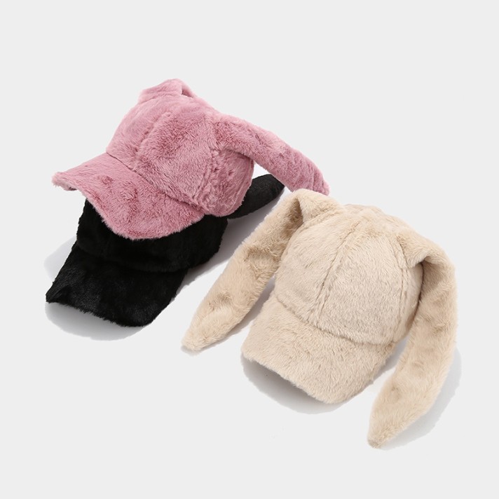 Cute long rabbit ear thickened plush hat